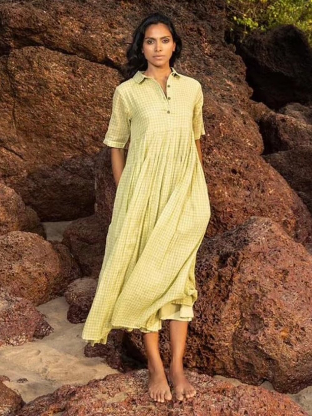 Khara Kapas Boho Cotton Check Midi Dress Lime green L